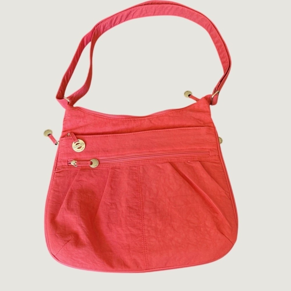 Travelon Women Sling Crossbody Bag Pink Tone Adjustable Strap Pockets Expandable